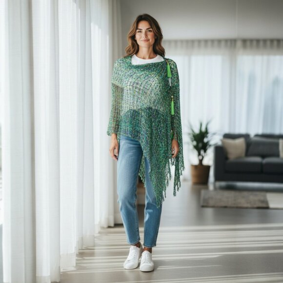 AIR Artsy Accessories Accessories - Green Purple Turquoise Olive Mix Poncho Vest Scarf Adjustable Tassel Wrap